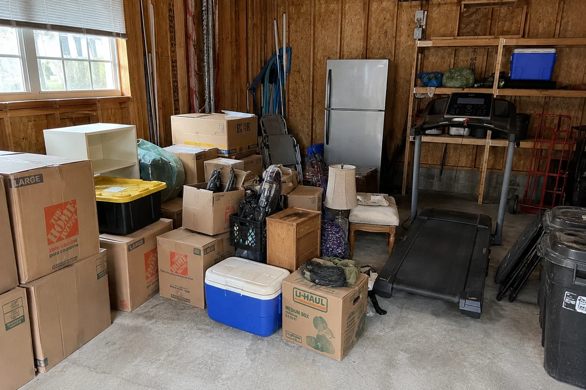 A cluttered garage with boxes, furniture and appliances